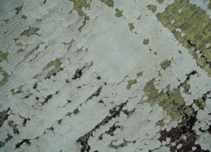 Modern Abstract 2x4 High Low Ivory and Olive Real Silk and Wool Rug