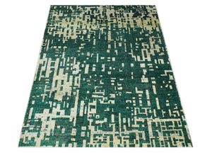 Modern Abstract 5x7.6 Hand Knotted Green and Beige Contemporary Recycled Silk Rug