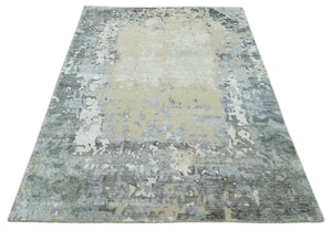 Modern Abstract 8x10 Beige, Ivory and Gray Hand Knotted Bamboo Silk and Wool Area Rug