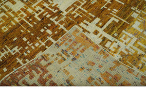 Modern Abstract 8x10 Gold, Rust and Ivory Hand Knotted Recycled Art Silk Rug