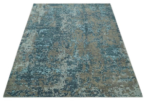 8x10 Hand Knotted Modern Abstract Blue and Brown Low Pile Wool Rug