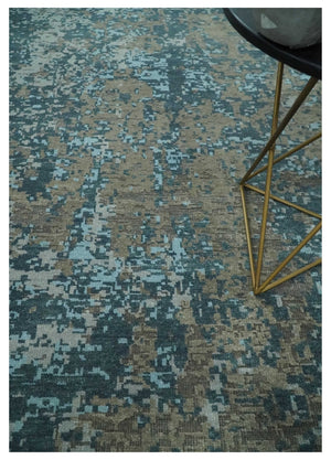 8x10 Hand Knotted Modern Abstract Blue and Brown Low Pile Wool Rug