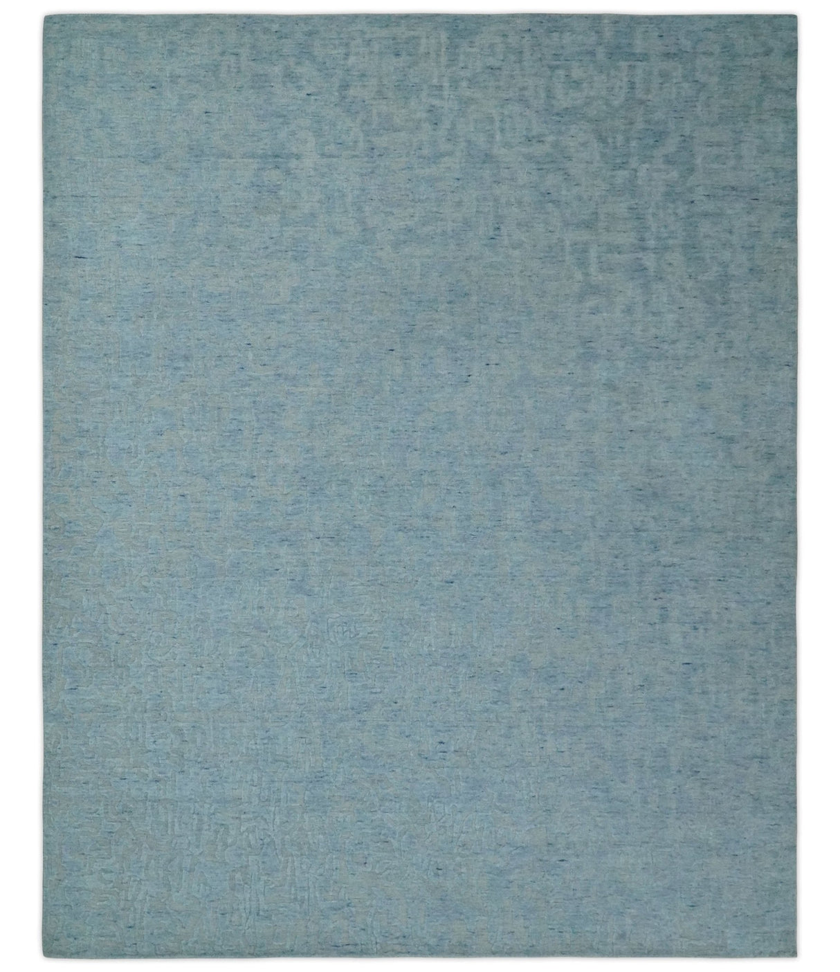 Modern Abstract 8x10 Hand Loomed Silver and Aqua High Low Pile Blended Wool Rug