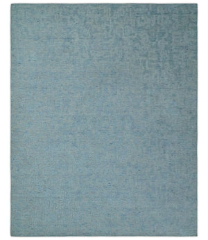 Modern Abstract 8x10 Hand Loomed Silver and Aqua High Low Pile Blended Wool Rug