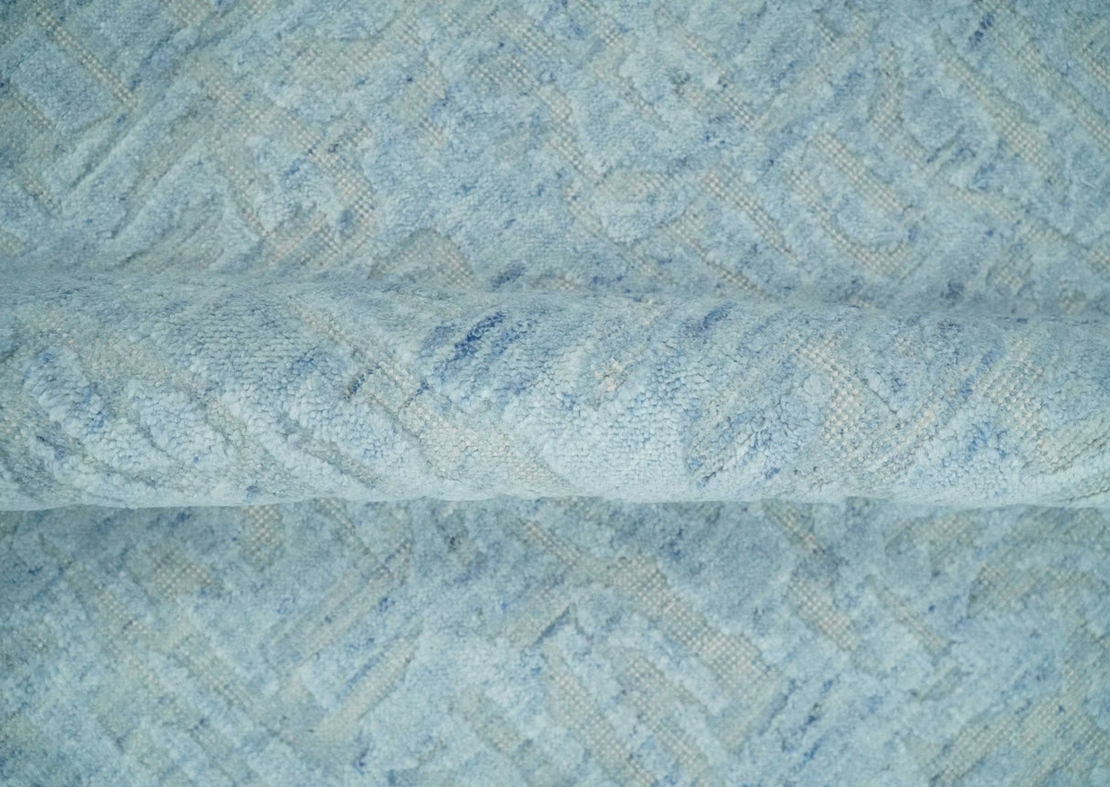 Modern Abstract 8x10 Hand Loomed Silver and Aqua High Low Pile Blended Wool Rug