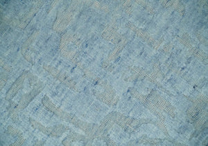 Modern Abstract 8x10 Hand Loomed Silver and Aqua High Low Pile Blended Wool Rug