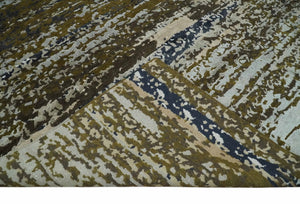 Modern Abstract 8x10 Ivory, Olive and Dark Blue Hand Knotted Bamboo Silk Area Rug