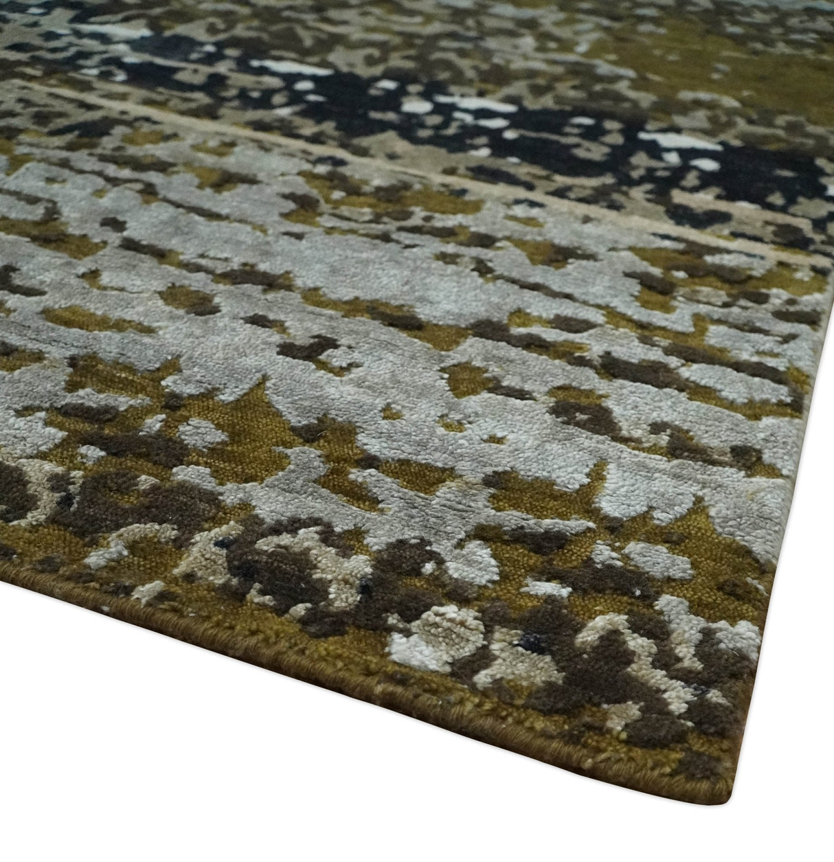 Modern Abstract 8x10 Ivory, Olive and Dark Blue Hand Knotted Bamboo Silk Area Rug