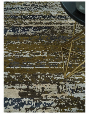 Modern Abstract 8x10 Ivory, Olive and Dark Blue Hand Knotted Bamboo Silk Area Rug