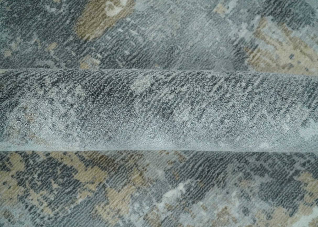 Modern Abstract  8x10 Silver, Charcoal and Olive Hand Loomed Blended wool and Art silk Area Rug