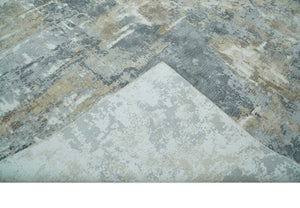 Modern Abstract  8x10 Silver, Charcoal and Olive Hand Loomed Blended wool and Art silk Area Rug