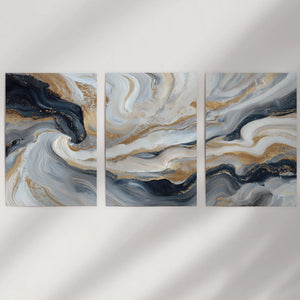 3 Piece Modern Abstract Marble Wall Art: Navy Blue and Gold