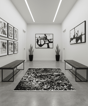 Modern Abstract Black and Silver Hand Knotted 6x9 Wool and Bamboo silk Area Rug