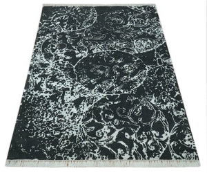 Modern Abstract Black and Silver Hand Knotted 6x9 Wool and Bamboo silk Area Rug