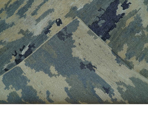 Modern Abstract Blue And Beige Hand Knotted 8x10 Wool And Bamboo Silk Rug