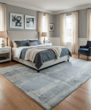 Modern Abstract Blue And Ivory Hand Knotted Wool Area Rug