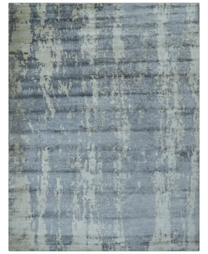 Modern Abstract Blue And Ivory Hand Knotted Wool Area Rug