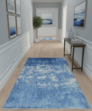 Modern Abstract Blue and Ivory Hand loom 5.6x8 Wool and Viscose Area Rug