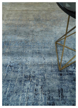 Modern abstract Blue, Aqua and Brown Hand Knotted 8x10 wool and Art silk Area Rug