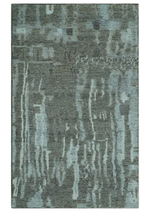 Modern abstract Charcoal and Light Blue Hand knotted 5x8 wool Area Rug