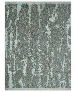 Modern Abstract Charcoal, Beige and Silver Hand Knotted 5.6x8 wool and Bamboo Silk area Rug