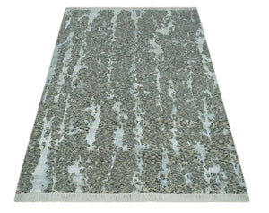 Modern Abstract Charcoal, Beige and Silver Hand Knotted 5.6x8 wool and Bamboo Silk area Rug