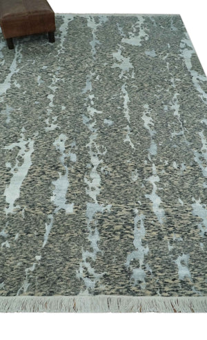 Modern Abstract Charcoal, Beige and Silver Hand Knotted 5.6x8 wool and Bamboo Silk area Rug