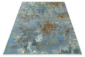 Modern Abstract Design Beige And Blue 8x10 Hand Knotted Wool, Art Silk Rug