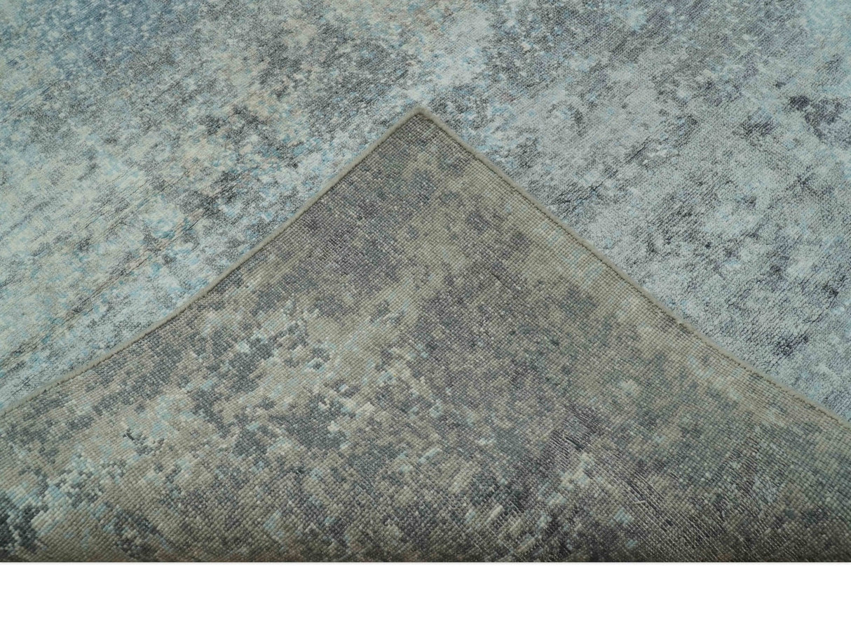 Abstract Blue And Gray  8x10 Hand Knotted Bamboo Silk Area Rug