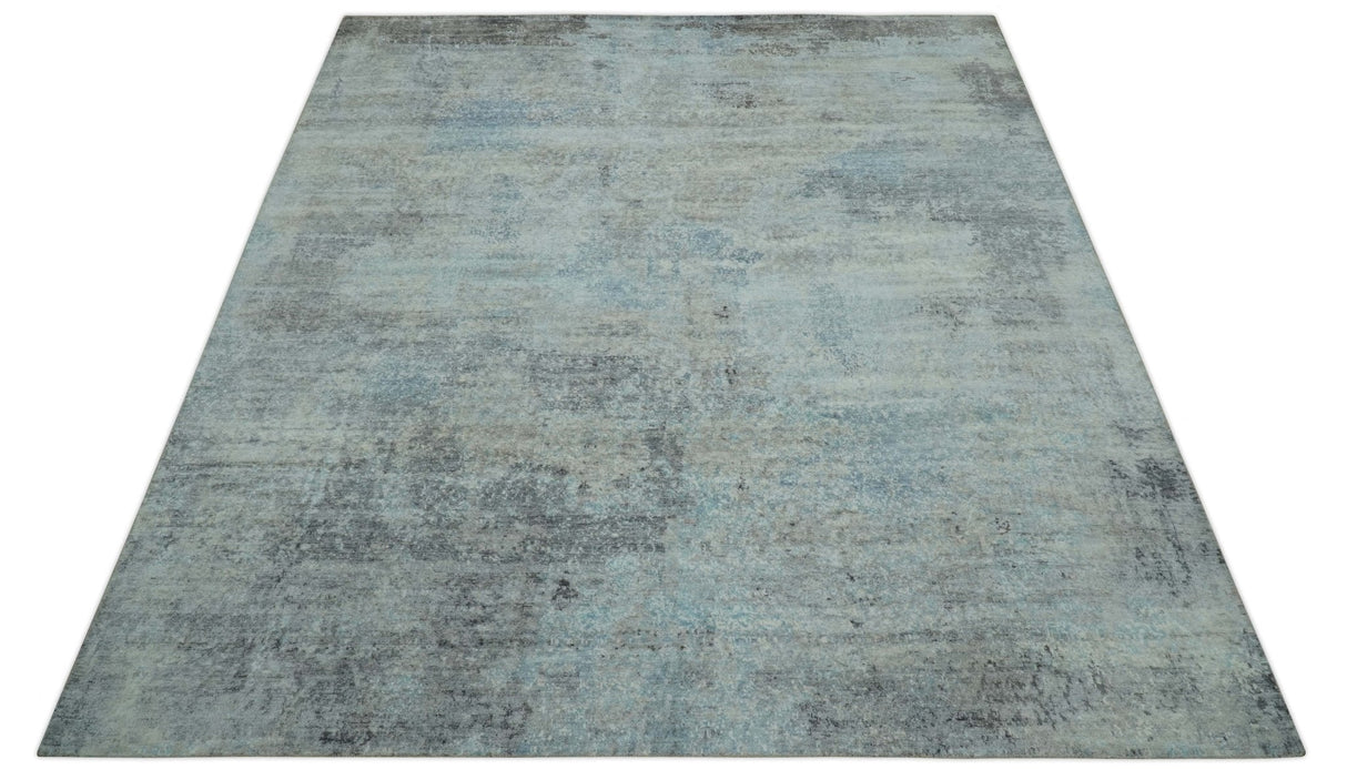 Abstract Blue And Gray  8x10 Hand Knotted Bamboo Silk Area Rug