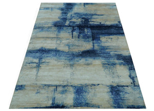 Modern Abstract Design Blue And Ivory Hand Knotted 6x9 Bamboo Silk Area Rug