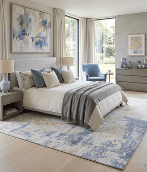 Modern Abstract Design Blue and Ivory Hand Loomed Art Silk Area Rug