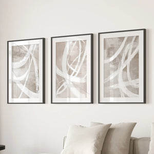 Modern Minimalist Abstract Triptych. Neutral Brush Stroke Art