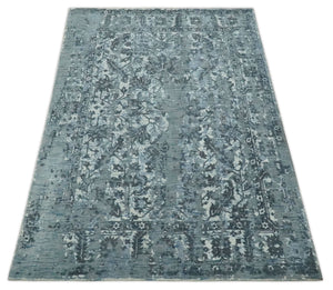 Modern Abstract Gray, Blue, Charcoal and Ivory 5x8 Hand loom wool and Viscose Area Rug