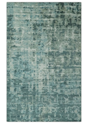 Modern Abstract Hand carved Texture Teal, Ivory and Blue Hand Knotted 5x8 wool Rug