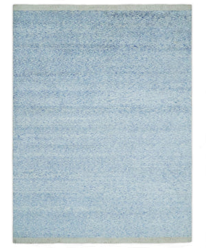 Modern Abstract Ivory and Blue 5.6x8 Hand Knotted Bamboo Silk Area Rug