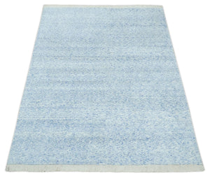 Modern Abstract Ivory and Blue 5.6x8 Hand Knotted Bamboo Silk Area Rug