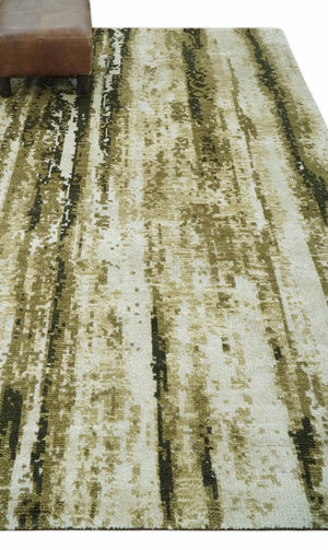Modern Abstract Olive, ivory and Green Hand Knotted 5x8 wool and Art Silk Area Rug