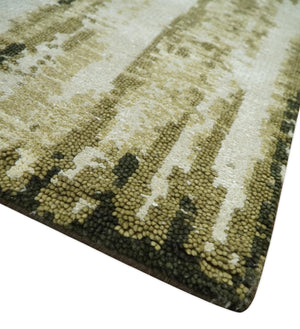 Modern Abstract Olive, ivory and Green Hand Knotted 5x8 wool and Art Silk Area Rug