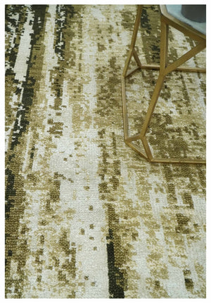 Modern Abstract Olive, ivory and Green Hand Knotted 5x8 wool and Art Silk Area Rug