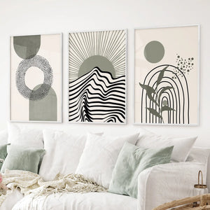 Boho Sage Green 3 Piece Wall Art. Mid-Century Art Prints for Living Room