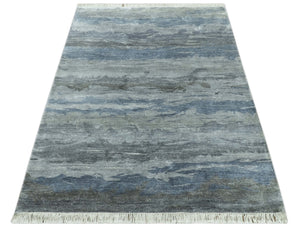 Modern Abstract Pattern Blue And Silver Hand Knotted 4x6 Bamboo Silk Area Rug