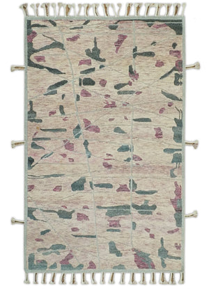 Modern Abstract Pink, Purple, Beige and Green Hand Knotted 5x8 wool Area Rug