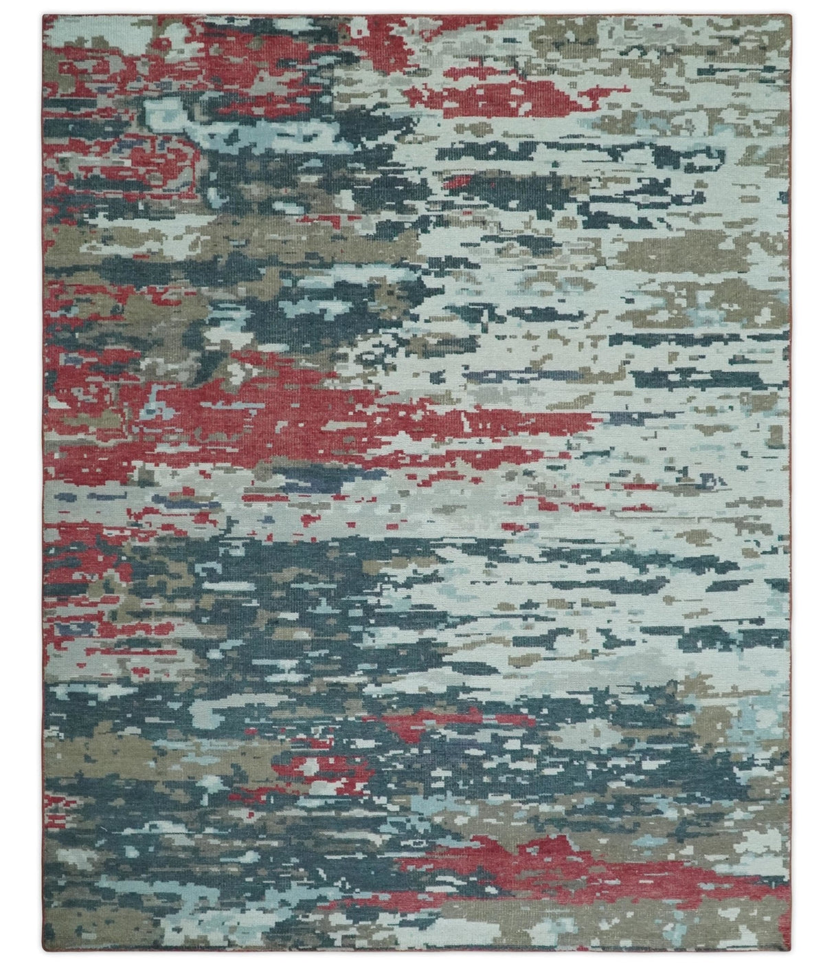 Modern Abstract Ivory and Blue 8x10 Hand Knotted Low Pile Wool Rug
