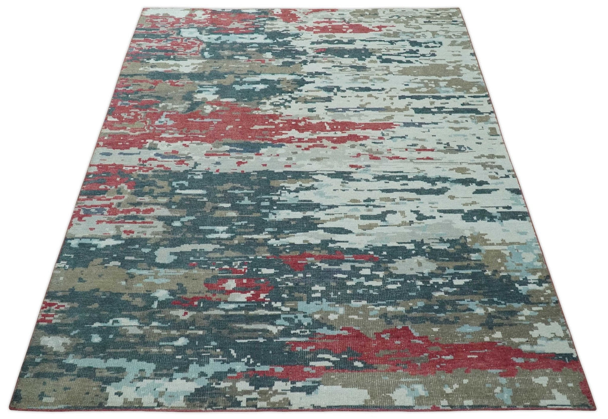 Modern Abstract Ivory and Blue 8x10 Hand Knotted Low Pile Wool Rug