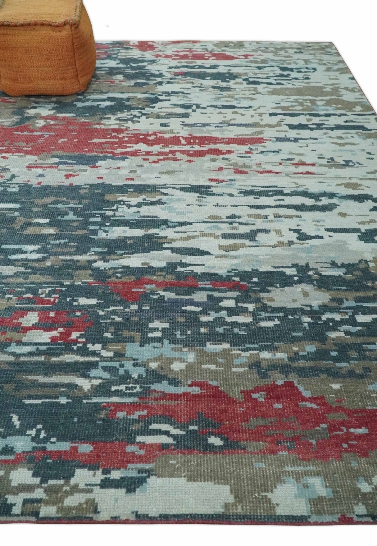 Modern Abstract Ivory and Blue 8x10 Hand Knotted Low Pile Wool Rug