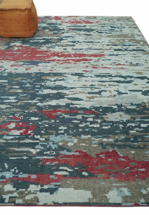 Modern Abstract Ivory and Blue 8x10 Hand Knotted Low Pile Wool Rug