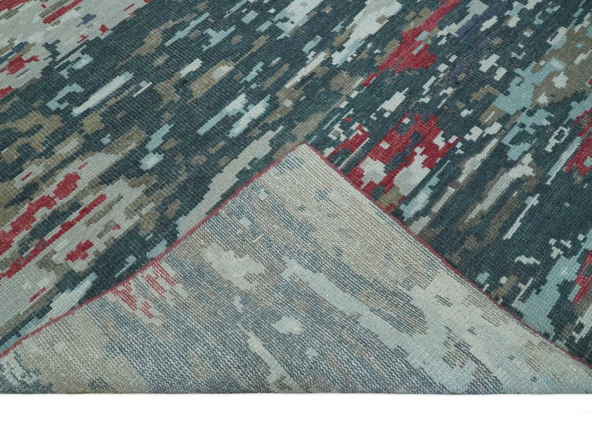 Modern Abstract Ivory and Blue 8x10 Hand Knotted Low Pile Wool Rug