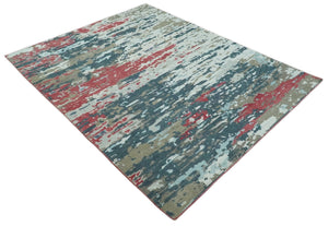Modern Abstract Ivory and Blue 8x10 Hand Knotted Low Pile Wool Rug
