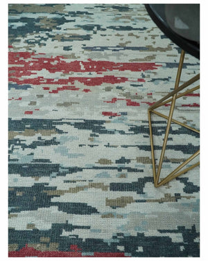 Modern Abstract Ivory and Blue 8x10 Hand Knotted Low Pile Wool Rug